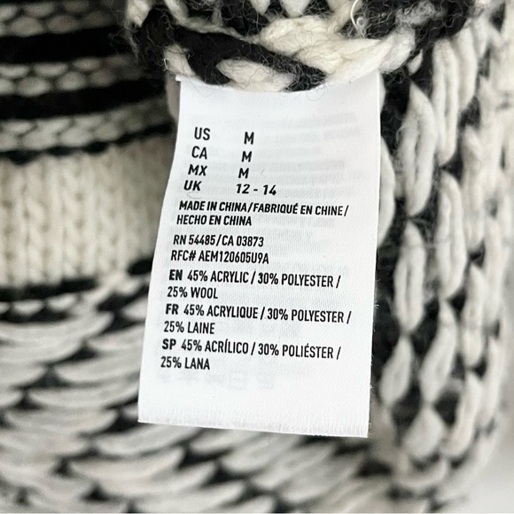 American Eagle Wool Cable Knit Fair Isle Knit Sweater Black White Size Medium - Picture 8 of 9
